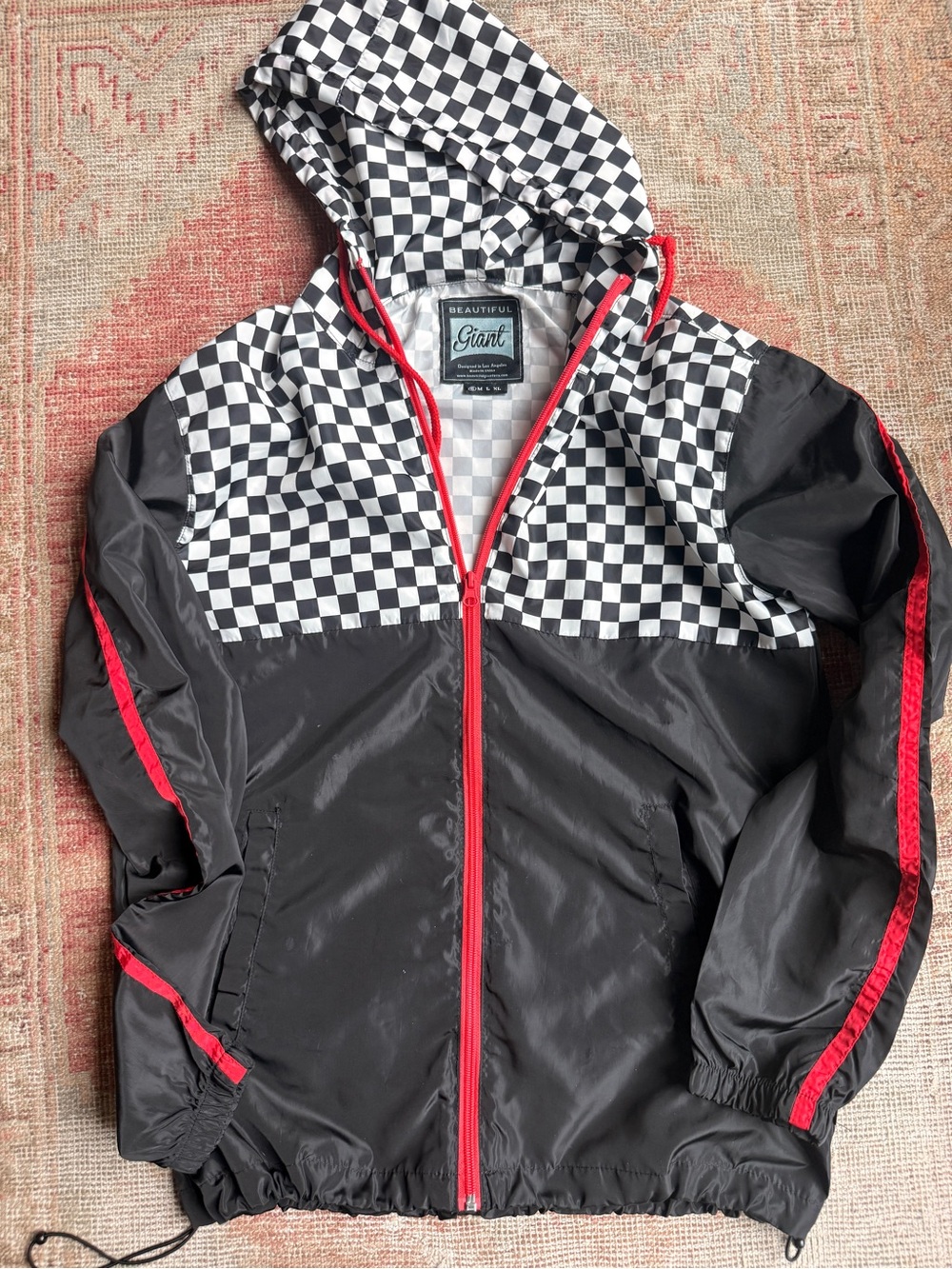 Y2k Giant Men's Black & White Checkered Lightweight Hooded Jacket